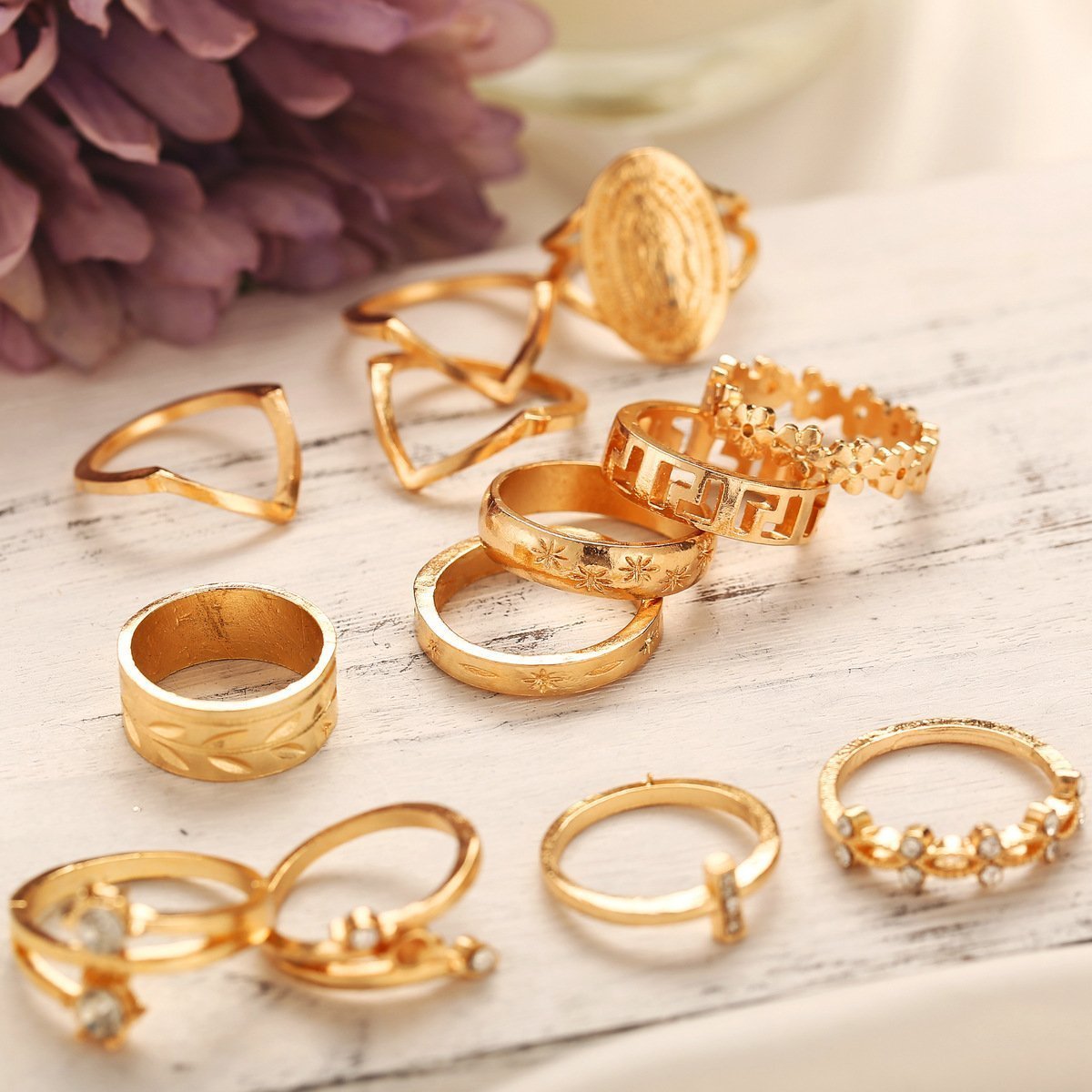 13 Piece Medallion Ring Set With Austrian Crystals 18K Gold Plated Ring ITALY Design - paradrie