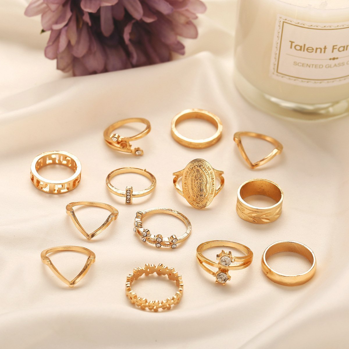 13 Piece Medallion Ring Set With Austrian Crystals 18K Gold Plated Ring ITALY Design - paradrie