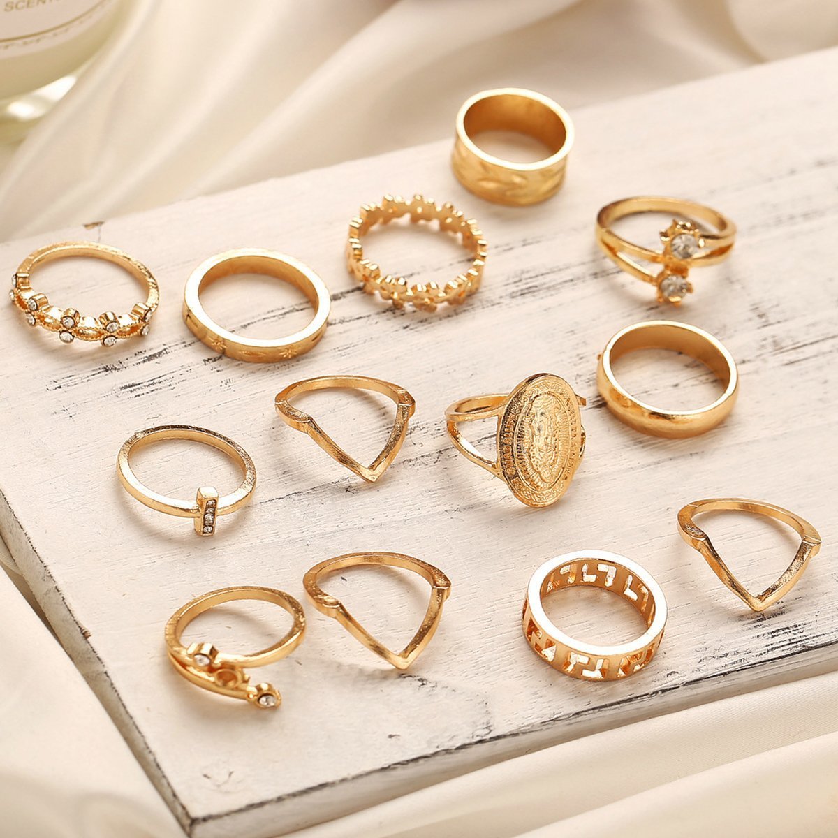 13 Piece Medallion Ring Set With Austrian Crystals 18K Gold Plated Ring ITALY Design - paradrie