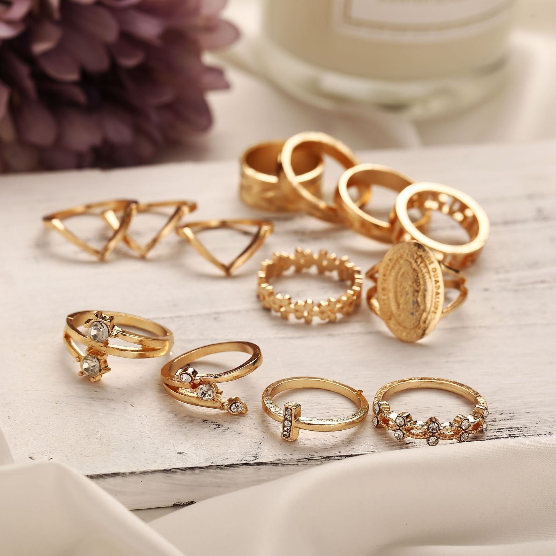 13 Piece Medallion Ring Set With Austrian Crystals 18K Gold Plated Ring ITALY Design - paradrie